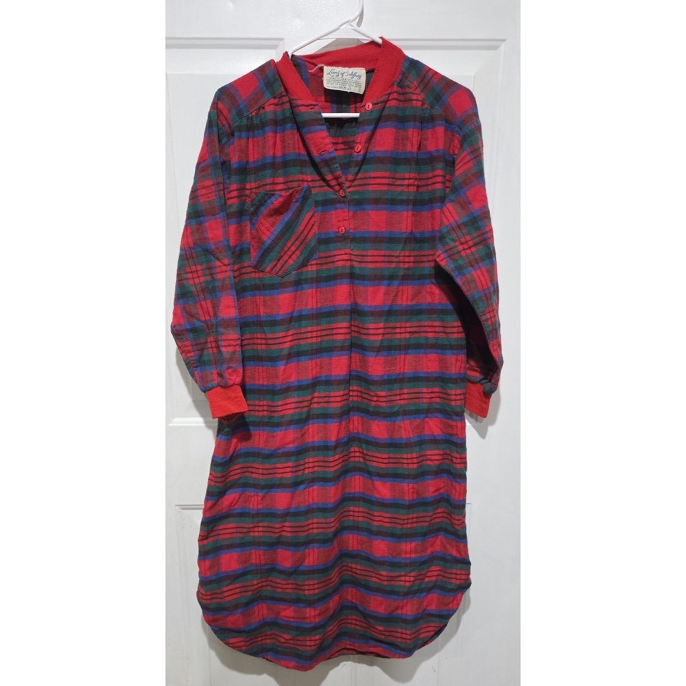Lanz It Salzburg Vtg Flannel Plaid Sleep Gown Women Petite S Red, Blue & Green
